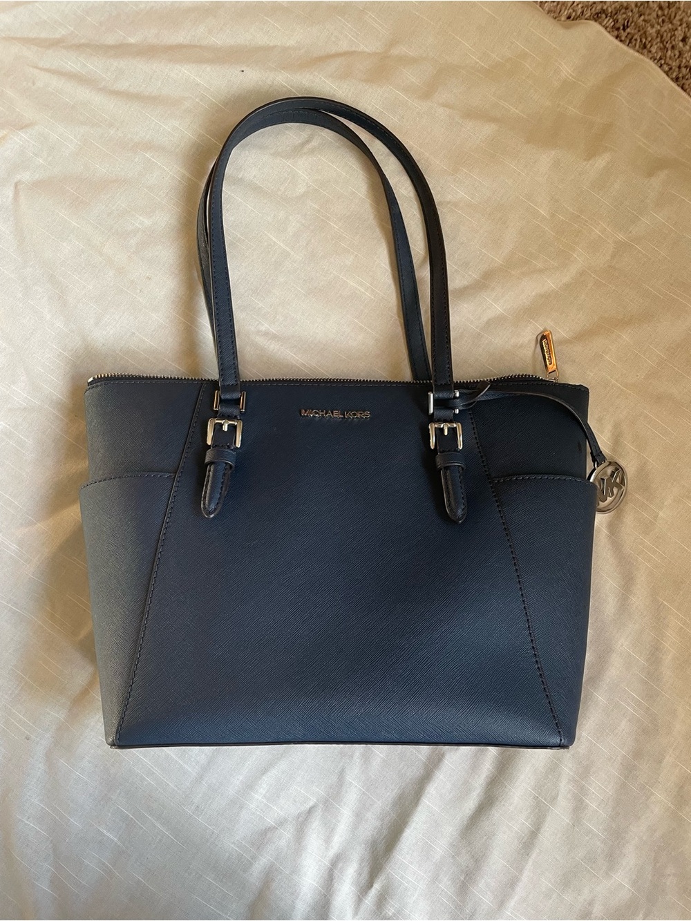 Michael Kors large Saffiano top zip, navy blue with silver accents tote